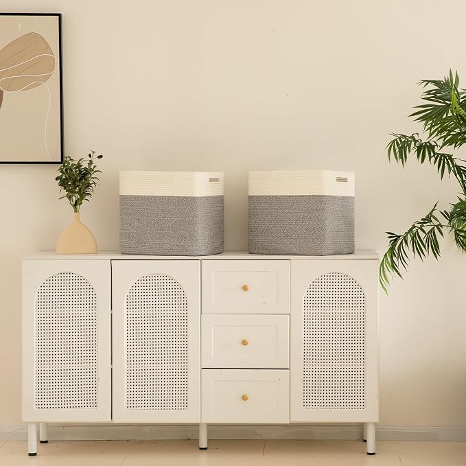 OIAHOMY 2 PACK Tall Storage baskets 55L Blanket Basket Living Room Grey | Large Collapsible Storage Bins Narrow Basket Baskets for Closet Organization Storage Baskets for Shelves Toy Storage Basket