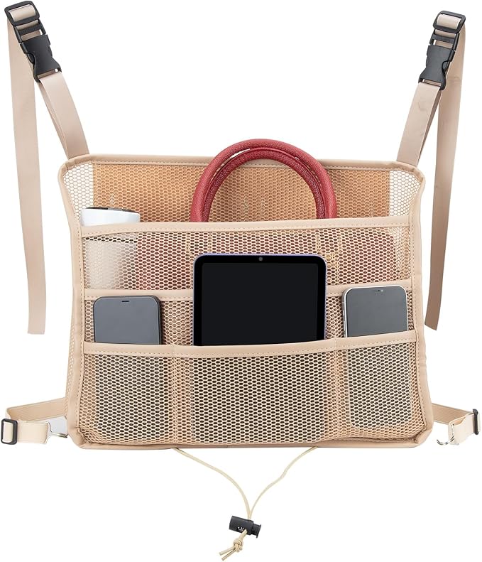Car Seat Back Organizer, Net Purse Hangbag Holder for Car, Auto Driver Or Passenger Accessories Organizer, Vehicle Console Caddy, Personal Travel Storage Bag for Pet Kids Adults, Pu Leather Beige