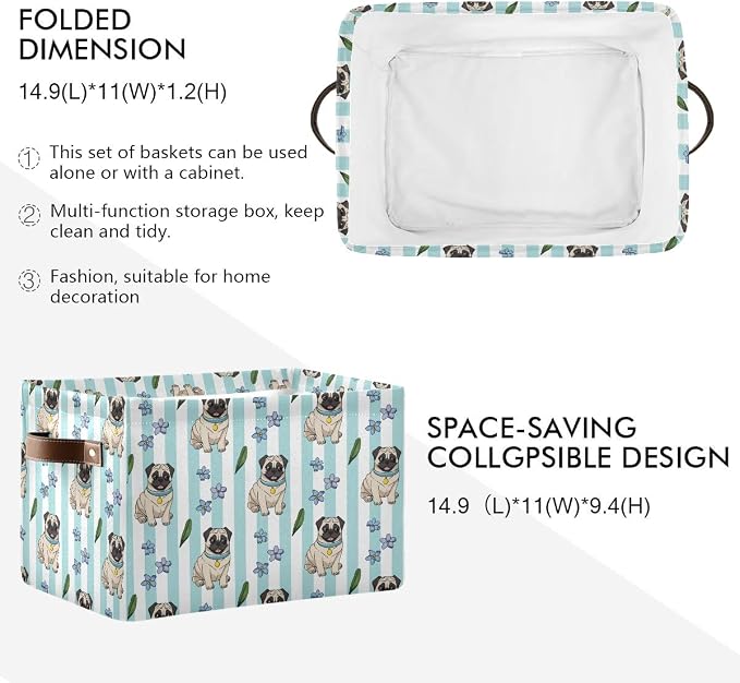 Cute Cartoon Pugs Storage Basket Bin, Foldable Fabric Organizer | Cute pug storage basket with canvas fabric, steel support, foldable design and handles for closet, bedroom and home use.