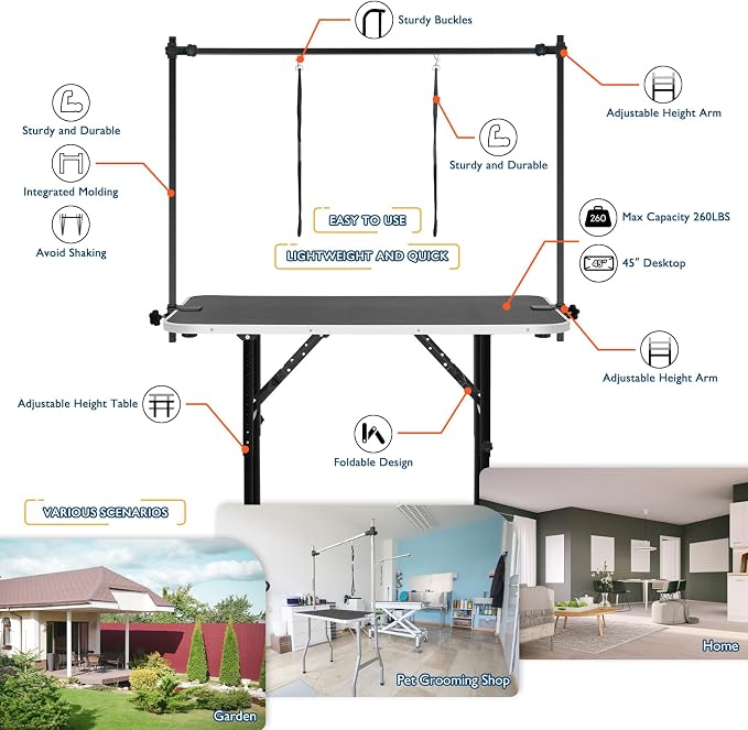 LEIBOU 45'' Height Adjustable(23''~33.8'') and Foldable Pet Dog Grooming Table Heavy Duty Iron Frame with H-Shape Grooming Arm & Noose, Maximum Capacity Up to 260lbs, Black