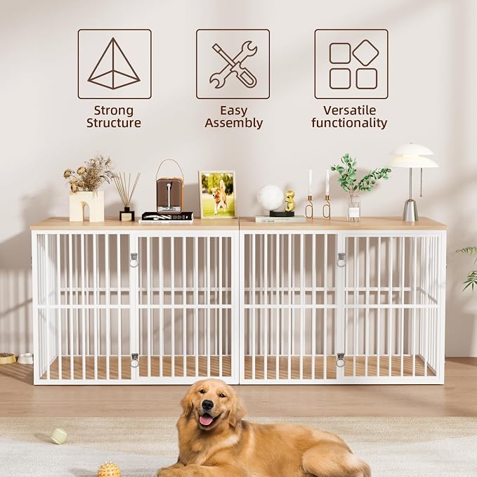 VOWNER 86.7" Double Dog Crate Furniture for 2 Large Dogs, White/Natural | Heavy Duty Wooden Dog Kennel with Removable Divider, XXL Dog Cage TV Stand End Table with 4 Doors, Double Locks for Each Door
