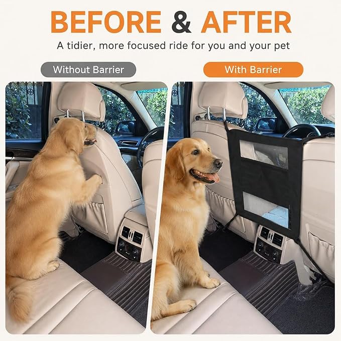 Dog Car Barrier for VW Caddy 2003-2020, Seat Separator Dogs Kids 2 in 1 Mesh Pet Travel Safety Divider Storage Pockets Kid Partition Seat Blocker,Beige