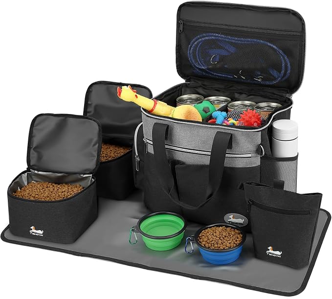 Dog Travel Bag for Pet Kit for Supplies with 2 Food Storage Containers 2 Collapsible Bowls 1 Feeding Mat 1 Dog Treat Pouch 7-Piece Set Perfect Road Trips Camping Weekend (Black)
