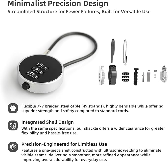 Small Combination Lock for Luggage, Gym Locker, Backpack Bag Zipper, Mini Combo Lock with Code, 5.12 Inch Steel Cable Padlock for Travel Suitcase, Cabinet, Toolbox, Bike, Bicycle Basket