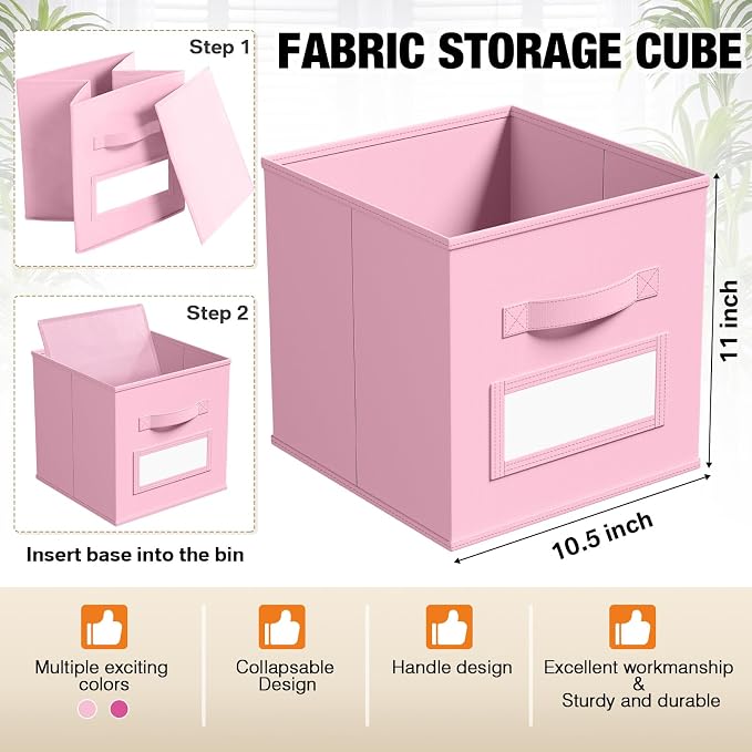 Teenyyou 10 Pack Fabric Storage Cubes 11 Inch Collapsible Cube Bins with Label Window & Handle Foldable Organizers Baskets for Shelf Closet Nursery Kids Room Clothes Book Toy(Pink, Rose Red)