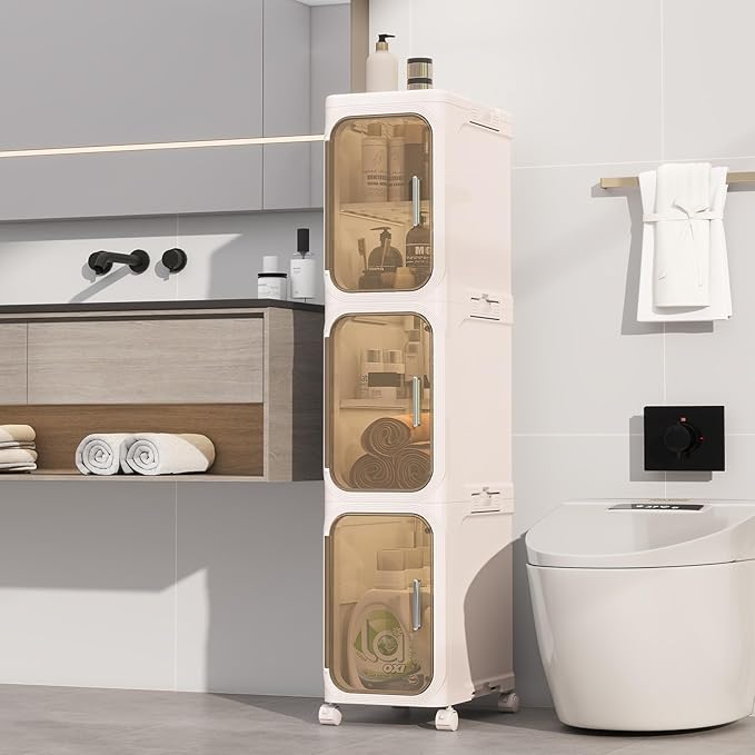 3 Tier Slim Bathroom Storage Cabinet, Foldable and Movable, Beige | Tools Free, ABS and PET, Magnetic Clear Door, Adjustable Shelves, Lockable Wheels, Water Resistant, For Narrow Space
