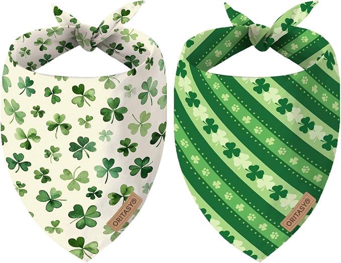 St. Patrick's Day Dog Bandanas, 2-Pack Triangle Reversible Love Pet Scarves, Premium Fabric, Irish Bandana for All Dogs (Small, Style 2)