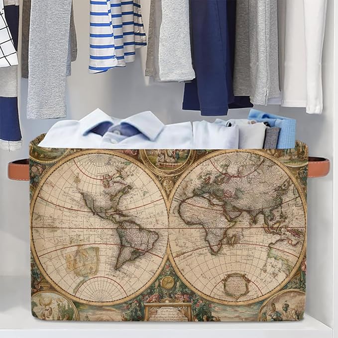 Globe Travel World Map Storage Basket Cloth Storage Cube Basket Bins | Collapsible Cloth with Handles Rectangular Toys Nursery Bedroom Home Office