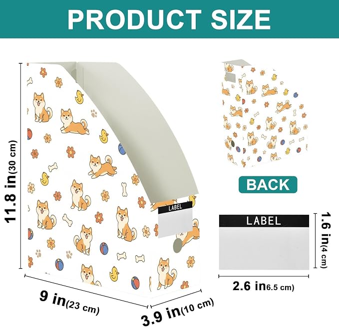 Emelivor Cute Pets Dogs White Pattern Magazine Holder Set of 3 Desk File Organizer Water-resistant Vertical Folder Holder with Labels for Office Organization File Box for Classroom and Home