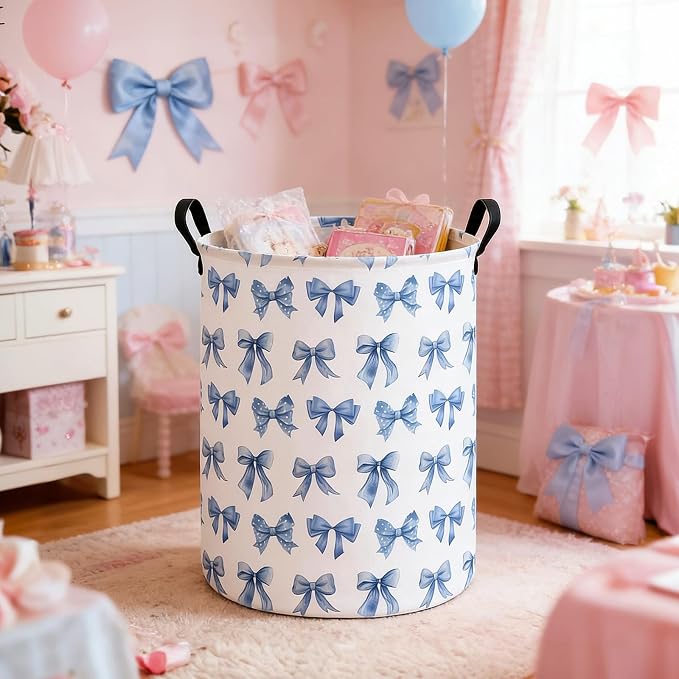Bowknot Storage Bin Foldable Nursery Organizer Basket | Foldable with Waterproof PE Coating Organizer Bin for Kids Boys and Girls,Office,Bedroom,Clothes
