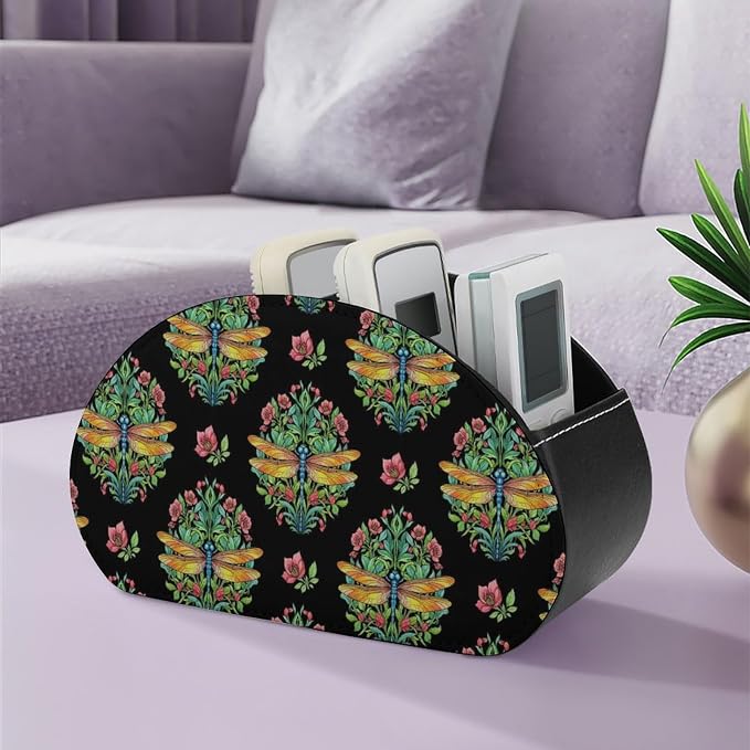 Remote Control Holder Caddy Dragonfly Animal Lover Desk Storage Organizer | Dragonfly Animal Lover, PU Leather, 5 Compartments, Fits TV Remotes, Media Player, Office Supplies