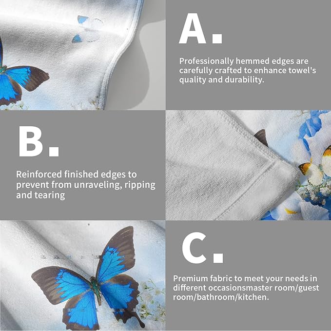 Giwawa Blue Butterfly Hand Towels Spring Flowers Kitchen Dish Towels Set of 2 Soft Absorbent Fingertip Towel for Bathroom Spa Gym Hotel