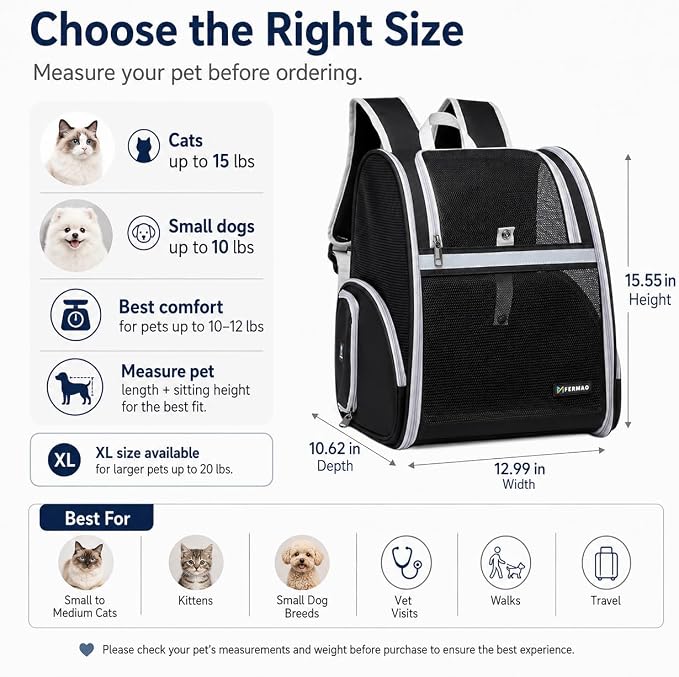 Cat Backpack Carrier for Small Dogs and Medium cat Puppy Kitten Bunny Pet Carrier Backpack Collapsible with Fully Ventilated Mesh with Safety Leash (Black, 12.9" L x 10.62" W x 15.5" H - M)
