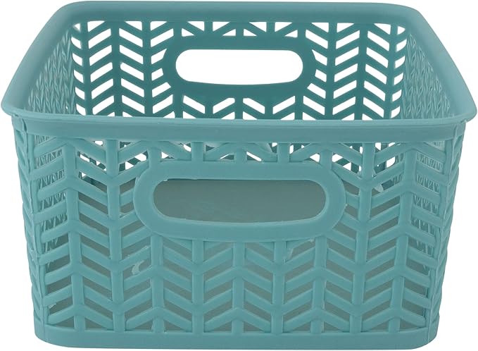 Simplify 3 Pack Small Herringbone Storage Basket, Dimensions: 10"x8"x4", Herringbone Design, Light Weight, Great for Bathroom, Kitchen, Office, Closet, 2 Open Handles, Dusty Blue