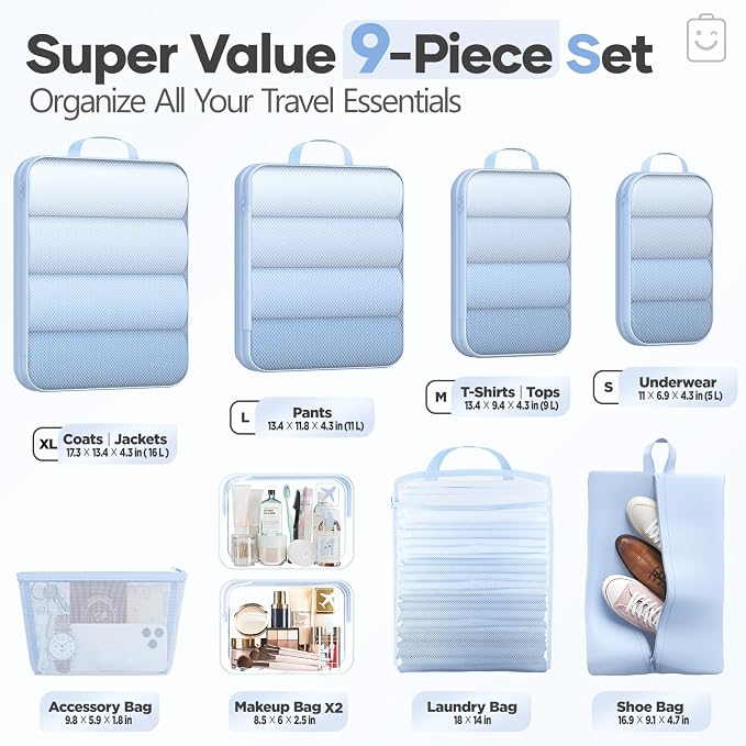 Veken 9/11 Set Compression Packing Cubes Garment Bags for Travel Essentials,Compressible Expandable Luggage Organizer Bags for Clothing,Space Saver Bags with Over 1000 pcs of Mesh Holes(Light Blue)