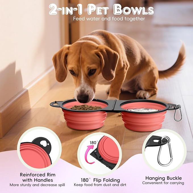 Pawaboo 2-in-1 Collapsible Dog Bowls, 180° Flip Over Dual Puppy Bowls | Food and Water Portable Silicone Dog Bowl with Metal Hook, 450ml Pet Travel Feeder Bowl for Walking Hiking Camping,Light Pink