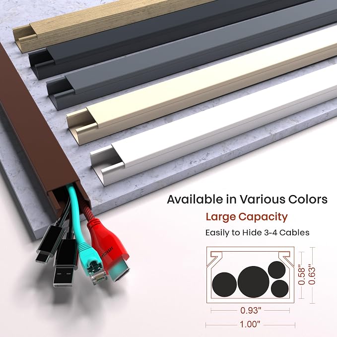 Brown Cable Cover Cord Concealer - 315in Wire Raceway, Hide Cables, Channel Kit, Wall Mount Cover, Hiding Strip, Management, Conduit, Molding
