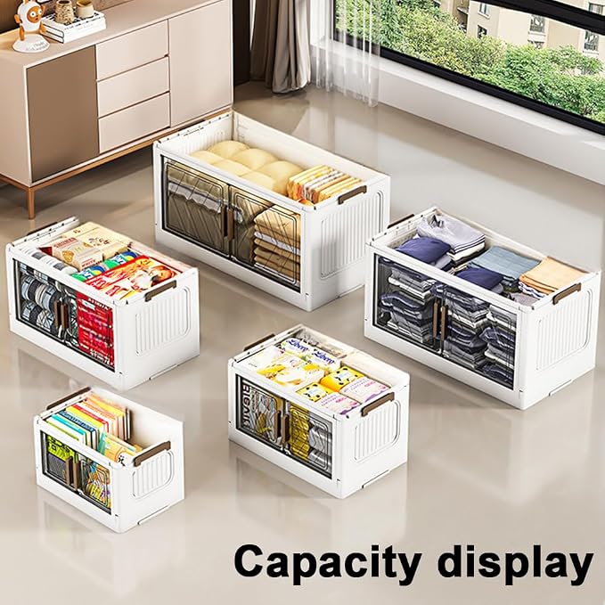ETOYA 4-Tier Stackable Storage Bins with Lids, 23QT Stackable Closet Organizers and Storage with Wheels and Magnetic Doors, Foldable Plastic Storage Containers for Seasonal Clothes, Toys, Tools