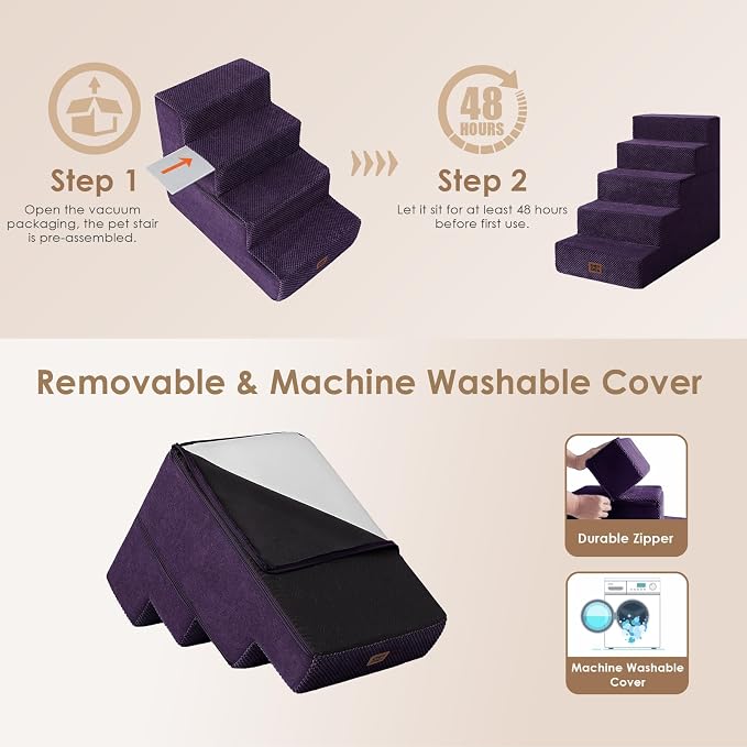 EHEYCIGA Dog Stairs for High Bed 22.5" H, 5-Step Dog Steps, Purple | Pet Steps for Small Dogs and Cats for Bed, Non-Slip Balanced Pet Ramp Indoor
