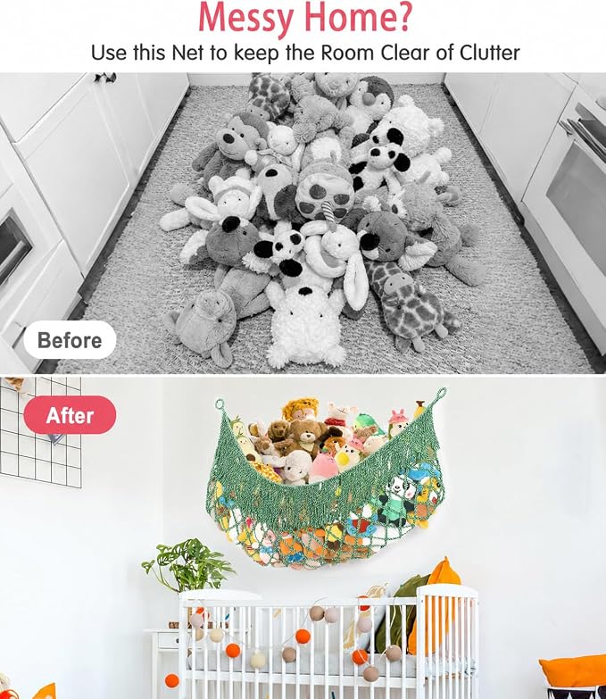 Stuffed Animal Hammock - Extra Large 63'' Long (Green-White) | Premium Cotton Hand-knitted, Beautiful Long Tassel, Storage Hanging Organizer, Can Fit Stuffed Animals 40 Piece or More