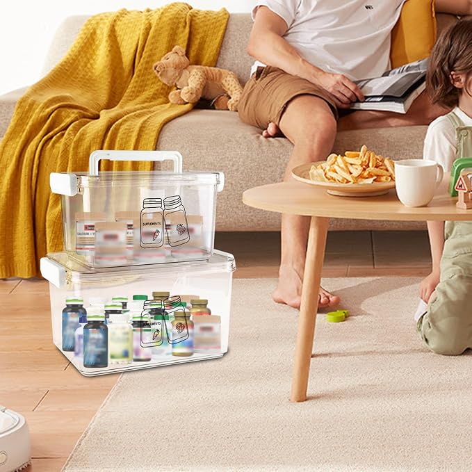 3 Pack Supplement Bottle Organizer with Travel Pill Organizer, Clear Plastic Vitamin Pill Bottle Organizer with Lid & Handle, Stackable First Aid Box Empty for Medicine, Fish Oil, Supplements