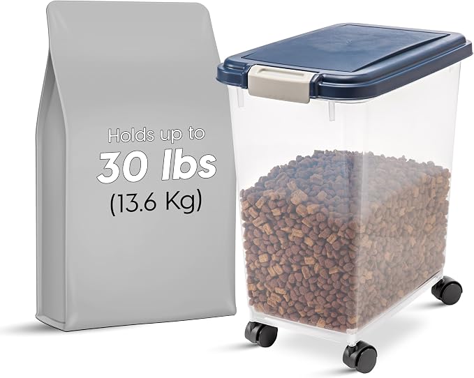 IRIS USA Dog Food Storage Container, Up to 30 lbs, Navy, Made in USA | Wheels for Mobility, Airtight Seal, BPA-Free, Best for Bird Seed, Cat food, Cat Litter, Chicken Feed, Pellets