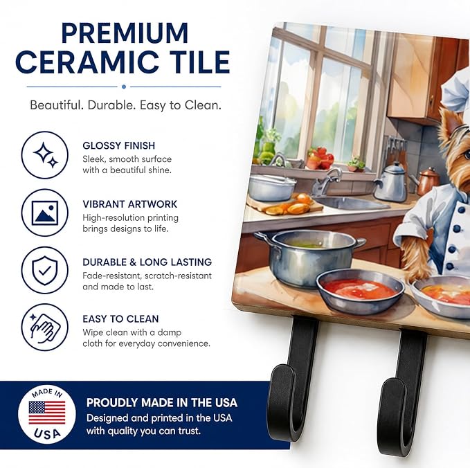 Caroline's Treasures Yorkie Yorkshire Terrier The Chef Leash or Key Holder Wall Hooks, Key Hooks Holder, Coat Rack Wall Mount, Coat Hooks, Hooks for Hanging Keys, Towels, Aprons, Leashes | Yorkie Yorkshire Terrier The Chef artwork on ceramic tile with ...