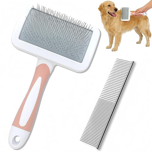 2pcs Slicker Brush for Dogs & Pet Comb Set, Professional Dog Grooming Brush for Goldendoodles, Poodles, Labradoodles, Dog Brush with Extra Long Pins to Effectively Remove Tangles, Knots and Mats