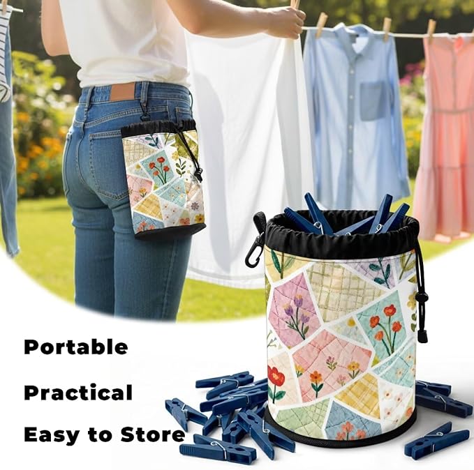 Clothespin Bag Holder Outside, Patchwork Floral Print Multiple Hanging Methods Clothes Pin Bag with Drawstring Closure, Large-Capacity Clothespin Storage Organizer with Hooks