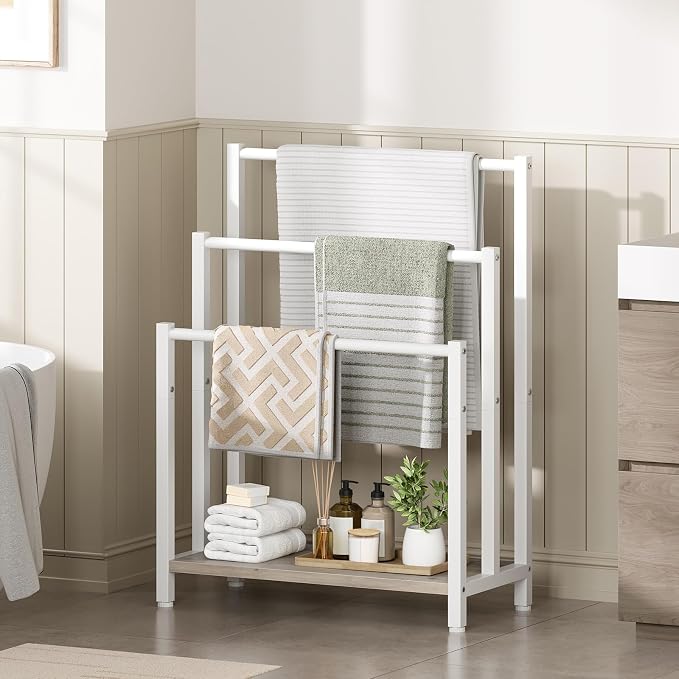 HOOBRO Free Standing Towel Rack, 3 Tier Blanket Rack, Blanket Holder for Bathroom, 23.6" L x 11" W x 31.9" H, Industrial Metal Drying and Display Rack with Shelf, White and Grey WG06LB01
