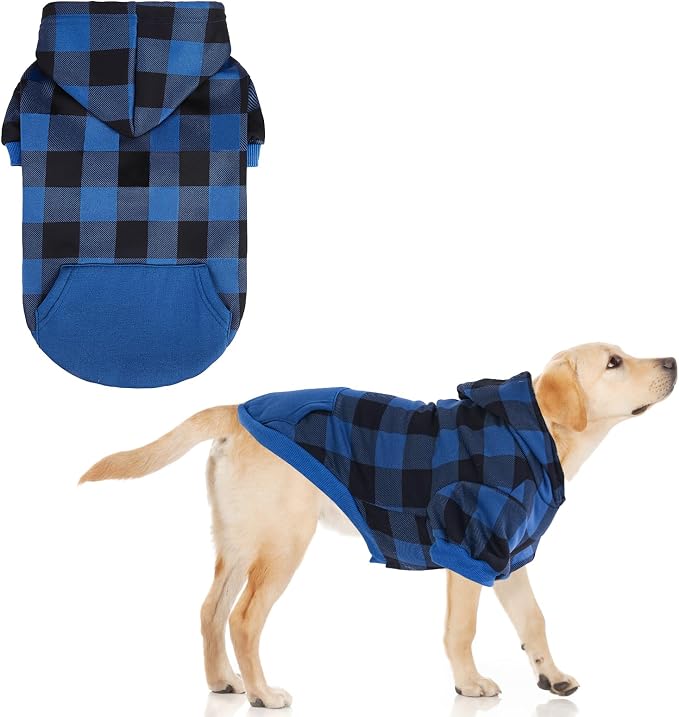 KOOLTAIL Plaid Dog Hoodie Pet Clothes Sweater with Hat and Pocket for Small Medium Large Size Dogs, Soft Winter Warm Dog Cold Weather Coat, Fleece Fall Dog Hooded Sweatshirt for Puppy Cats, Blue XL