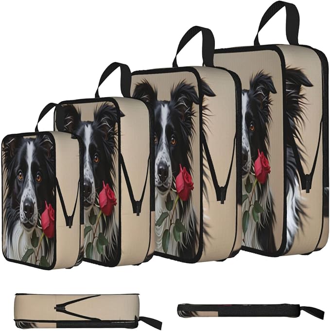 Border Collie & Rose Compression Packing Cubes Set Of 4, Lightweight Expandable Travel Organizer Bags With Double Zipper For Vacation Business