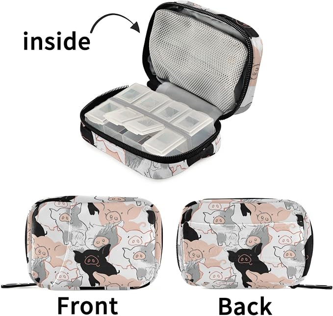 Cute Pigs 7 Day Pill Organizer Travel Pill Case Portable Weekly Pill Box Bag Container Vitamin Supplement Holder with Zipper for Family Business