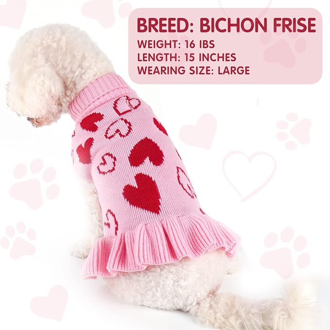 cyeollo Valentines Dog Sweater Dress, Turtleneck Pullover Heart Outfit