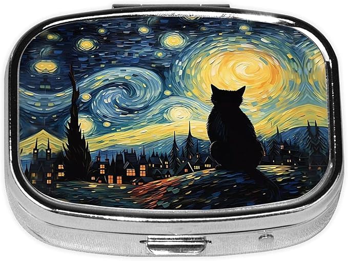 ABLESKY Pill Box, 2 Compartment Pill Organizer Case for Pocket or Purse, Small Portable Metal Travel Medicine Box with Mirror, Daily Vitamins Fish Oil Container-Starry Sky Cat