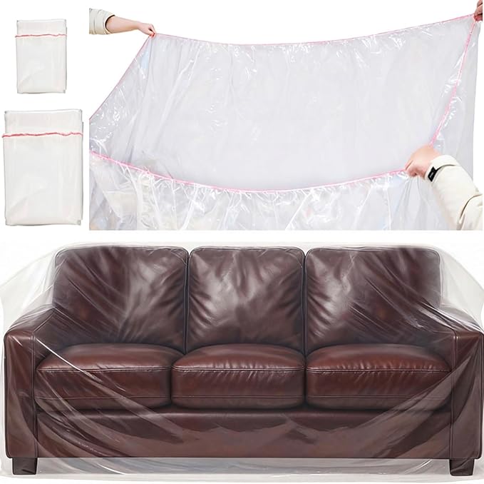 2 Pack Plastic Couch Cover Chair Cover with Elastic Band, Clear Furniture Cover Sofa Cover Recliner Cover Protector for Moving and Storage, Waterproof Moving Bags for Couch Slipcover