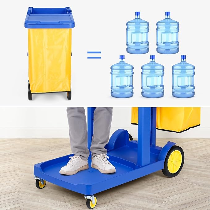 tonchean Commercial Janitorial Cart, 3-Shelf Housekeeping Cart with 22 Gallon Vinyl Bag & Cover, Large Cleaning Cart with Wheels for Hotel, Store, School, Office