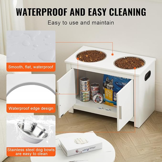 VEVOR Elevated Pet Bowls with Storage Cabinet, Feeding Station with 2 Raised Bowls, Wooden Stand with Handles & Magnetic Doors, Pet Feeder & Toy Organizer, White