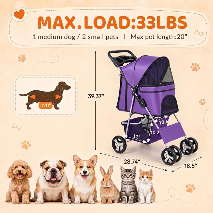 ZENY Foldable Pet Stroller, Cat/Dog Stroller with 4 Wheels | Pet Travel Carrier Strolling Cart with Storage Basket, Cup Holder (Purple)