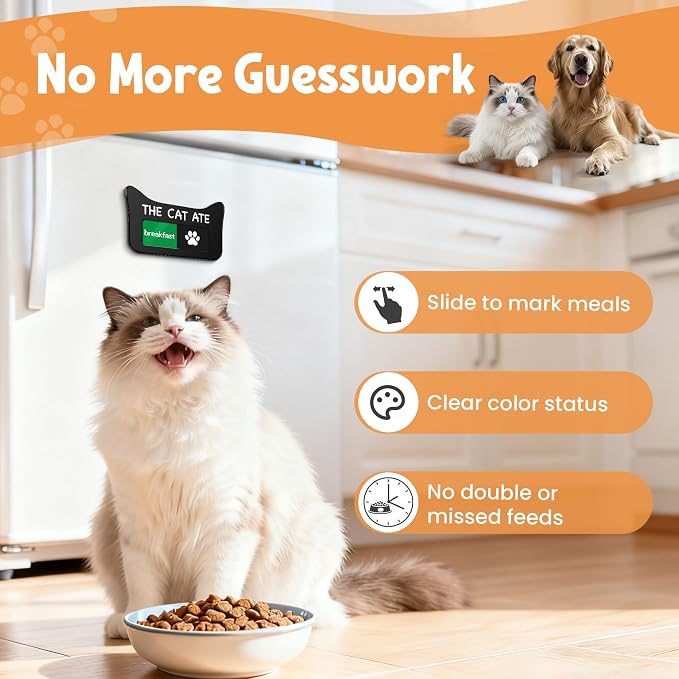 Cat Feeding Reminder Sign, Magnetic Pet Fed Schedule Chart with Slider, Breakfast & Dinner Tracker for Fridge, Prevent Overfeeding, Unique Cat Ear Shape Acrylic Sign, 4.7" x 3", Black