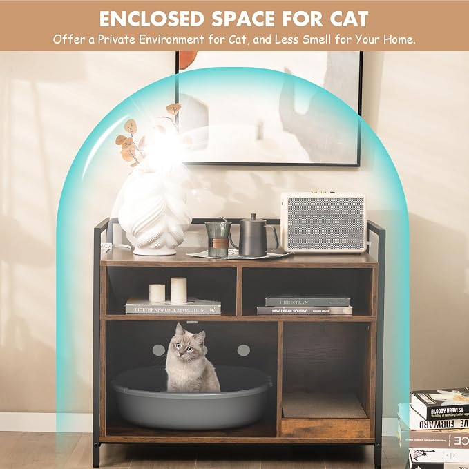 GIANTEX Cat Litter Box Enclosure, Hidden Cat Cabinet Furniture, Dog-Proof | Scratch Pad, Front Entry, Double Doors, 2-Compartment Storage, Wooden Pet House Washroom End Side Table for Living Room