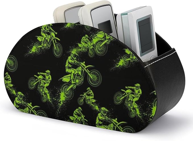 Remote Control Holder Motocross Rider Black 5 Compartment Table Organizer | PU Leather Desktop Caddy Box, Motocross Rider Extreme Sports Green Black, for Media Player, Stationery, Office Accessories