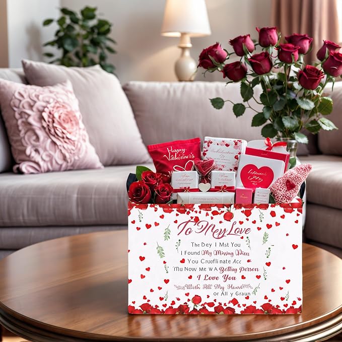 Cute Large Valentine's Day Gift Basket Empty Heart Decor Storage Bin for Kid Baby Room Décor (Rose Petals Love)