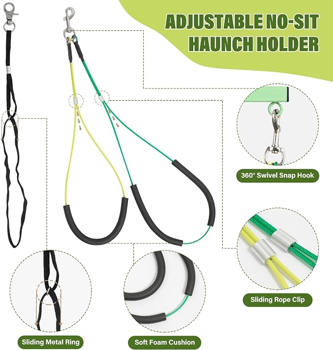 getlstub Dog Grooming Arm with Pet Grooming Hammock, 35" Pet Grooming Table Arm with Adjustable No Sit Haunch Holders, Dog Grooming Stand with Loop Noose for Small and Medium Pets, Green