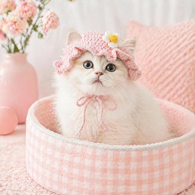 2Pcs Crochet Cat Hats Knit Cat Hat Cute Soft Flowers Hat (Pink, Yellow) | Knit Cat, With Adjustable Cord, Handmade Crochet Cats Clothes, for Puppy Kitten, for Holiday Birthday Party Costume Accessory