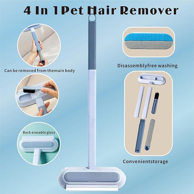 4 in 1 Pet Hair Remover Tool, Grey, 23.3Inch Adjustable Long Handle, Reusable, Washable Lint Cleaner for Dog and Cat Hair, Gentle on Furniture, for Couch, Furniture, Carpet, Clothes, Bedding