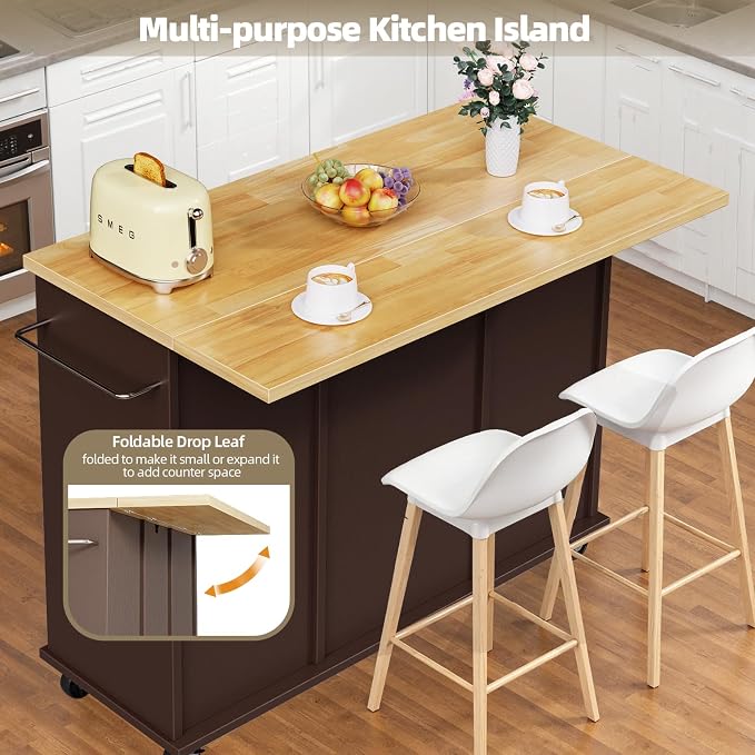 JY QAQA 42" Kitchen Island with Storage on Wheels, Rolling Table with Drop Leaf, Drawers, Cart Handle for Towel Rack or Free Movement, Brown