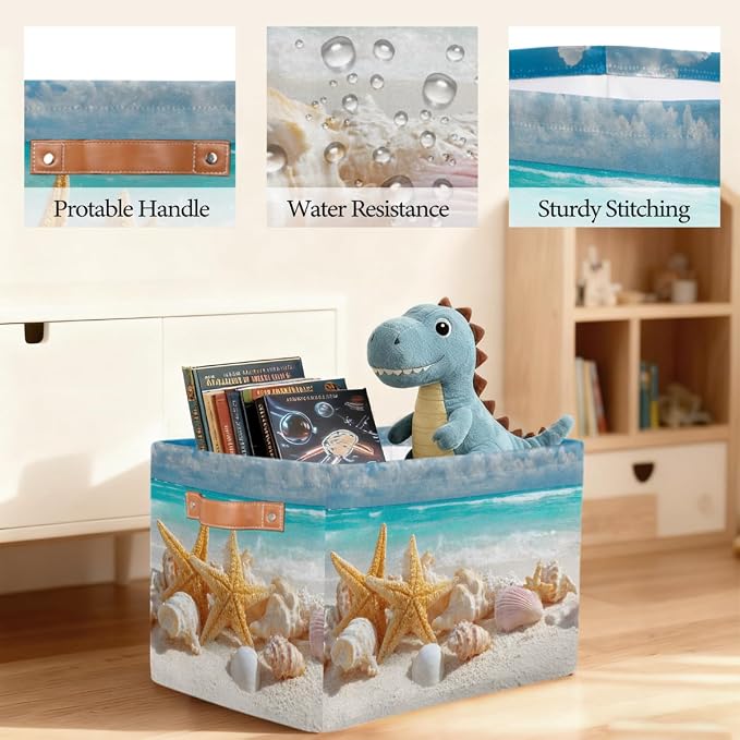Pardick Storage Baskets Bin, Beach Ocean Starfish Seashells Collapsible Canvas Fabric Storage Bin Decorative Baskets Toy Organizer Rectangle Storage Boxes with handles for Home Shelves Nursery,Q-8