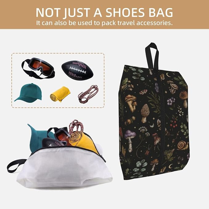 Mystical Witchcore Mushroom Travel Shoe Bag for Men & Women, Waterproof Shoe Storage Organizer with Zipper, Portable Shoe Pouch for Sneakers, Heels, Sandals, Gym & Travel Luggage 2PCS
