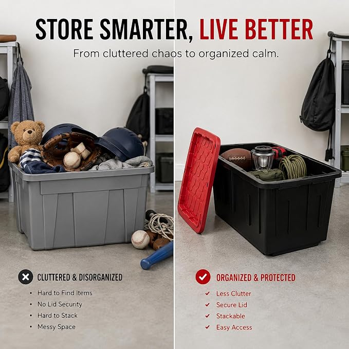 27 Gallon Storage Bins with Lids, Heavy Duty Plastic Stackable Totes | High-impact polypropylene construction resists dents and stains. Features lockable lid channels and integrated grip handles.